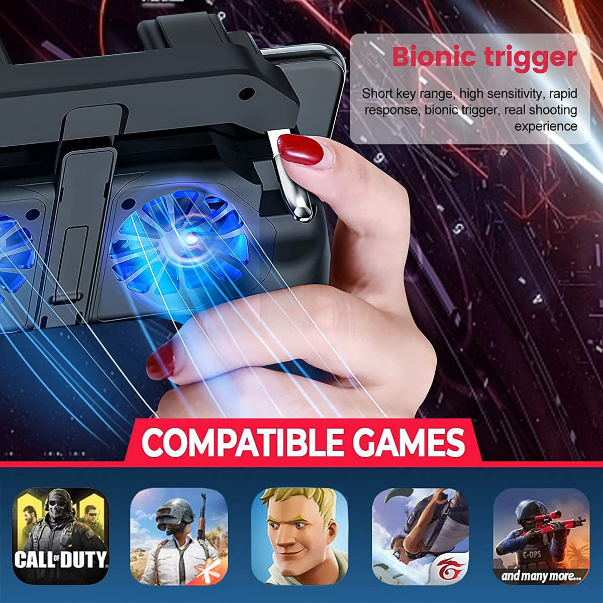 thumbnail image 2 of 14-in-1 PUBG Mobile Gaming Triggers With Cooling Fan - 6-Finger Controller For Shooting Games 2 of 5