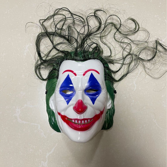 joker mask， Man Smile Latex Mask with Green Hair for Halloween Adult Clown Cosplay Costume, Role Play Dress Up for Garden Yard Party Props