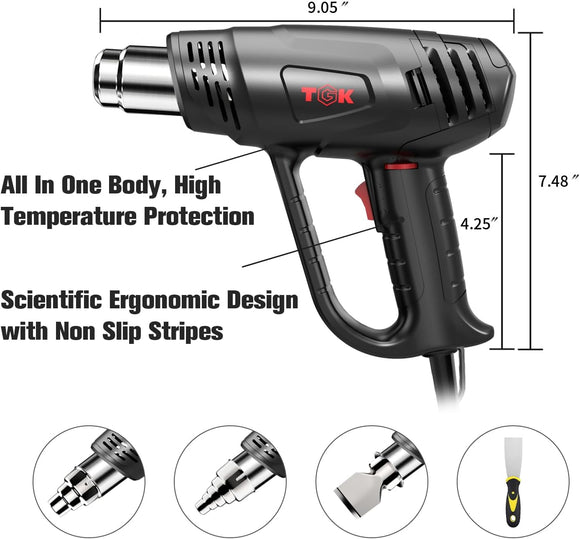 Heat Gun, TGK 1800W Hot Air Gun Variable Temperature Settings 122℉~1202℉ with 4 Nozzle Attachments, Overload Protection Function for Crafts, Shrink Wrapping/Tubing, Paint Removing