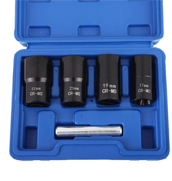 1/2” Drive Impact Bolt Nut Extractor Set, 5pcs Locking Wheel Lug Nut Remover Kit 17mm 19mm 21mm 22mm Twist Socket Tool Set Including a Punch Rod