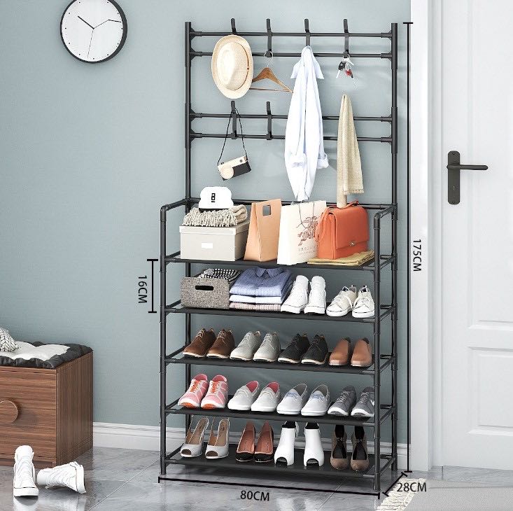 Multifunctional Entryway Shoe Organizer with Coat Hooks, 4Tier Shoe