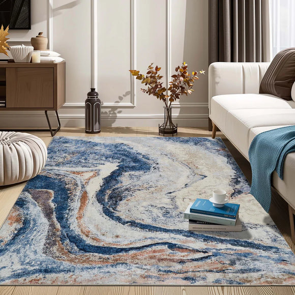 2-Sizes Of Blue Abstract Faux Cashmere Area Rugs