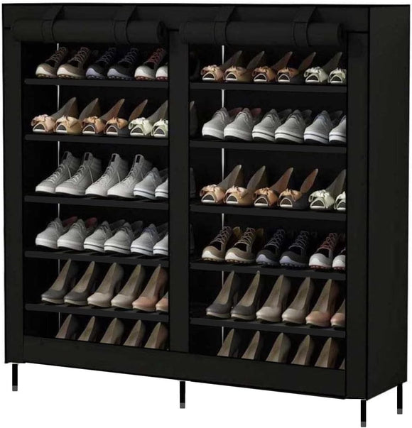 Shoe Rack Portable Storage Free Standing Shoe Organizer with Non-Woven Fabric Cover (Black)