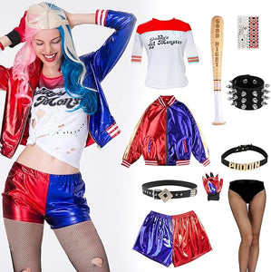 Halloween Harlry Costumes Cosplay Set for Quinn Women T-shirt Jacket Shorts Puddin Choker Bracelet Set