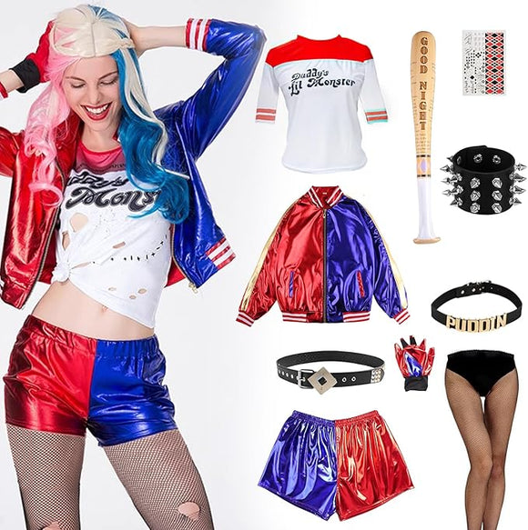 Halloween Harlry Costumes Cosplay Set for Quinn Women T-shirt Jacket Shorts Puddin Choker Bracelet Set