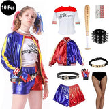 Halloween Harlry Costumes Cosplay Set for Quinn Women T-shirt Jacket Shorts Puddin Choker Bracelet Set