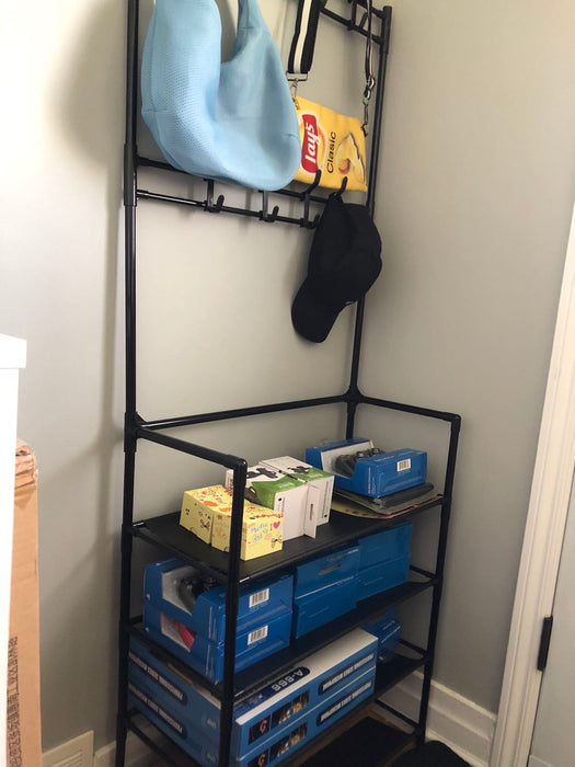 Multi-functional Entryway Shoe Organizer with Coat Hooks, 4-Tier Shoe Rack with Wall Mounted Coat Rack Metal Open Shelf - RaditShop