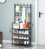 Multi-functional Entryway Shoe Organizer with Coat Hooks, 4-Tier Shoe Rack with Wall Mounted Coat Rack Metal Open Shelf - RaditShop