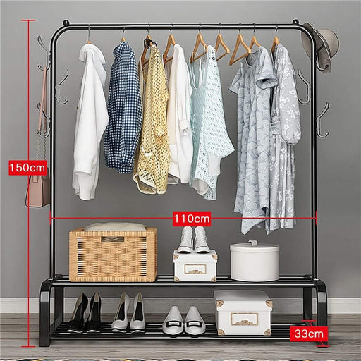 clothes Metal Garment Rack Freestanding Clothing Rack with Top Rod, Bottom Shelf and 6 Hooks Coat Racks Hanger - RaditShop