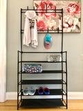 Multi-functional Entryway Shoe Organizer with Coat Hooks, 4-Tier Shoe Rack with Wall Mounted Coat Rack Metal Open Shelf - RaditShop