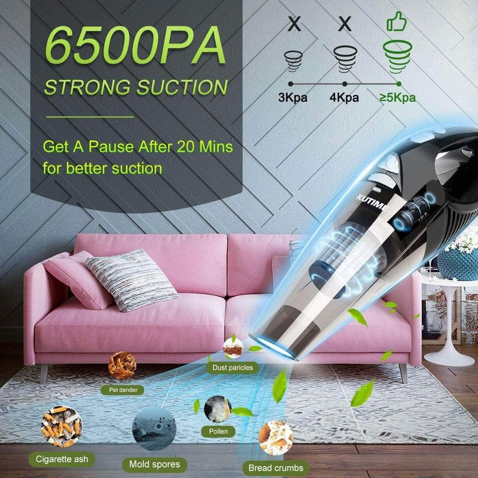 Handheld Vacuum Cordless, Upgraded 6500PA Super Suction Power Car Vacu —