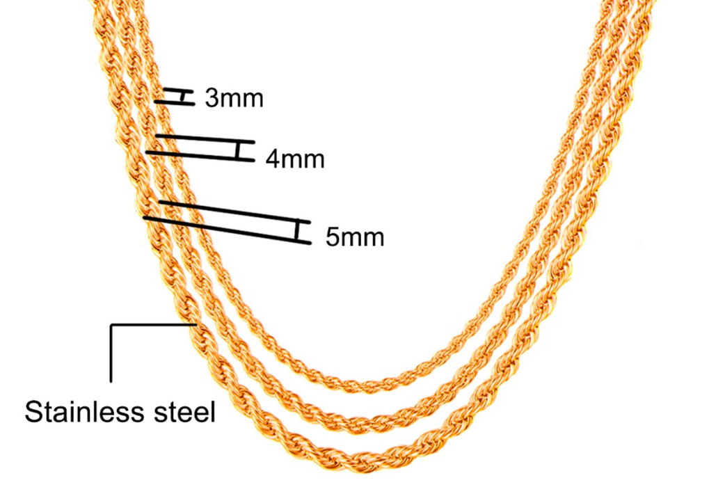 Rope Chain Necklace Women Men 18K Gold Plated, twisted Chain - Sparkmart