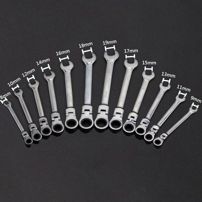EMENTOL 12-Piece Flex-Head Ratcheting Wrench Set Metric 8-19mm With Organizer Rack – 72-Tooth, CR-V Steel, 5° Swing, Includes Storage Tray