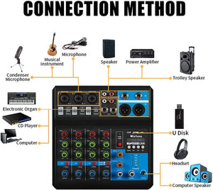 audio DJ mixer Sound Board Console System,5 Channel 48V Phantom Power with Bluetooth USB MP3 Stereo live DJ Studio Streaming for professional recording party KTV stage - RaditShop