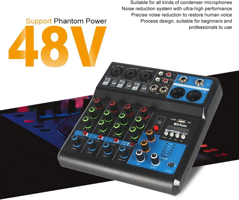  Professional 4-Channel Mixing Console Audio Mixer Sound Board  Bluetooth USB Live Studio Mixer with USB Drive for PC Recording,48V Phantom  Power Stereo DJ Studio Streaming : Musical Instruments