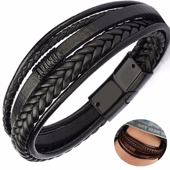 Brown Leather Bracelet Men's Leather Buckle Hand-woven Multi-layer - Sparkmart