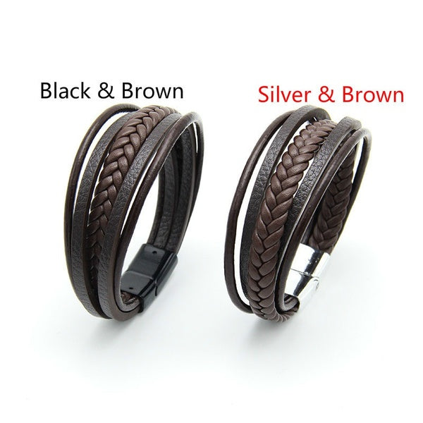 Brown Leather Bracelet Men's Leather Buckle Hand-woven Multi-layer - Sparkmart