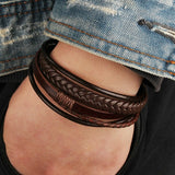 Brown Leather Bracelet Men's Leather Buckle Hand-woven Multi-layer - Sparkmart