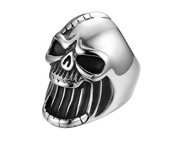 Mens Gothic Biker Skull Ring,Punk Rock Silver Stainless Steel Ring - Sparkmart